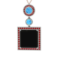 Toprak Kolye - Siyah zirkon, akuamarin ve garnet 8 ayar beyaz altın kolye (40 cm rose altın rolo zincir) #1b9wjb9