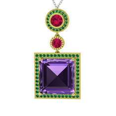 Toprak Kolye - Ametist, rodolit garnet ve yeşil kuvars 8 ayar altın kolye (40 cm beyaz altın rolo zincir) #1bava8