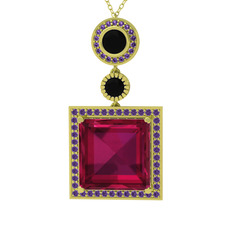 Rodolit garnet, siyah zirkon ve ametist 8 ayar altın kolye (40 cm gümüş rolo zincir)
