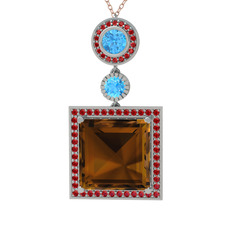 Toprak Kolye - Dumanlı kuvars, akuamarin ve garnet 8 ayar beyaz altın kolye (40 cm rose altın rolo zincir) #1bxjxn5