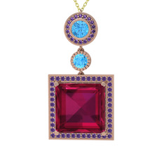 Rodolit garnet, akuamarin ve ametist 8 ayar rose altın kolye (40 cm gümüş rolo zincir)