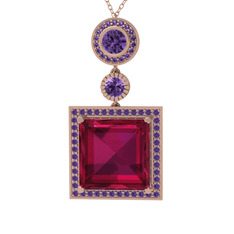 Toprak Kolye - Rodolit garnet ve ametist 8 ayar rose altın kolye (40 cm rose altın rolo zincir) #1cb31x8