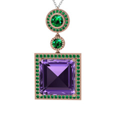 Ametist ve yeşil kuvars 14 ayar rose altın kolye (40 cm gümüş rolo zincir)