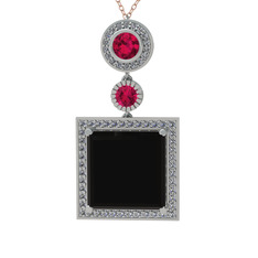 Toprak Kolye - Siyah zirkon, rodolit garnet ve beyaz zirkon 8 ayar beyaz altın kolye (40 cm rose altın rolo zincir) #1dc52bn