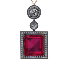 Rodolit garnet ve beyaz zirkon 925 ayar siyah rodyum kaplama gümüş kolye (40 cm gümüş rolo zincir)