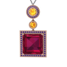 Rodolit garnet, sitrin ve ametist 8 ayar rose altın kolye (40 cm gümüş rolo zincir)