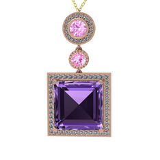 Toprak Kolye - Ametist, pembe kuvars ve beyaz zirkon 18 ayar rose altın kolye (40 cm gümüş rolo zincir) #1dpx7ra