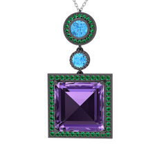 Toprak Kolye - Ametist, akuamarin ve yeşil kuvars 925 ayar siyah rodyum kaplama gümüş kolye (40 cm beyaz altın rolo zincir) #1ed99s4
