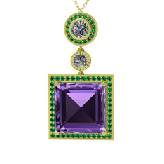 Ametist, beyaz zirkon ve yeşil kuvars 925 ayar altın kaplama gümüş kolye (40 cm altın rolo zincir)