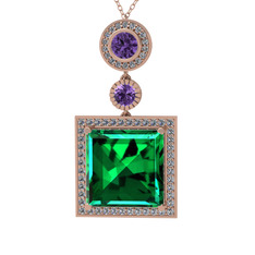 Toprak Kolye - Yeşil kuvars, ametist ve beyaz zirkon 925 ayar rose altın kaplama gümüş kolye (40 cm gümüş rolo zincir) #1fc93vt
