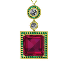 Rodolit garnet, beyaz zirkon ve yeşil kuvars 925 ayar altın kaplama gümüş kolye (40 cm altın rolo zincir)