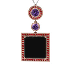 Toprak Kolye - Siyah zirkon, ametist ve garnet 18 ayar rose altın kolye (40 cm beyaz altın rolo zincir) #1g91wgg