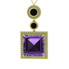 Ametist, siyah zirkon ve beyaz zirkon 925 ayar altın kaplama gümüş kolye (40 cm altın rolo zincir)