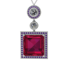 Toprak Kolye - Rodolit garnet, beyaz zirkon ve ametist 14 ayar beyaz altın kolye (40 cm gümüş rolo zincir) #1gtf9ni