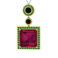 Rodolit garnet, siyah zirkon ve yeşil kuvars 8 ayar altın kolye (40 cm gümüş rolo zincir)