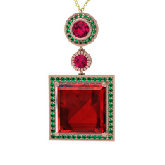 Garnet, rodolit garnet ve yeşil kuvars 18 ayar rose altın kolye (40 cm altın rolo zincir)