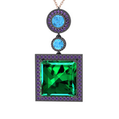 Toprak Kolye - Yeşil kuvars, akuamarin ve ametist 925 ayar siyah rodyum kaplama gümüş kolye (40 cm gümüş rolo zincir) #1hx1kd3