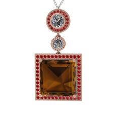 Toprak Kolye - Dumanlı kuvars, beyaz zirkon ve garnet 18 ayar rose altın kolye (40 cm beyaz altın rolo zincir) #1hyzlqw