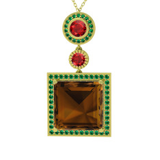 Dumanlı kuvars, garnet ve yeşil kuvars 8 ayar altın kolye (40 cm altın rolo zincir)