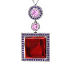 Toprak Kolye - Garnet, pembe kuvars ve ametist 14 ayar beyaz altın kolye (40 cm gümüş rolo zincir) #1j62gtm