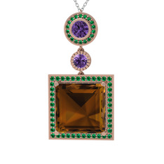 Toprak Kolye - Dumanlı kuvars, ametist ve yeşil kuvars 18 ayar rose altın kolye (40 cm beyaz altın rolo zincir) #1j8379z