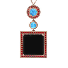 Toprak Kolye - Siyah zirkon, akuamarin ve garnet 8 ayar rose altın kolye (40 cm rose altın rolo zincir) #1j8gzch