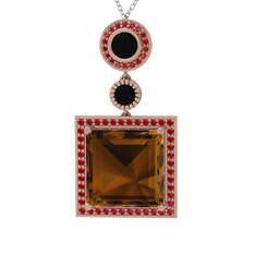 Dumanlı kuvars, siyah zirkon ve garnet 8 ayar rose altın kolye (40 cm beyaz altın rolo zincir)