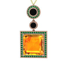 Toprak Kolye - Sitrin, siyah zirkon ve yeşil kuvars 8 ayar rose altın kolye (40 cm altın rolo zincir) #1jikgrb