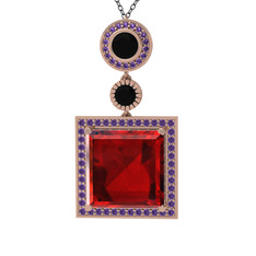 Garnet, siyah zirkon ve ametist 8 ayar rose altın kolye (40 cm gümüş rolo zincir)