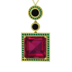 Rodolit garnet, siyah zirkon ve yeşil kuvars 8 ayar altın kolye (40 cm gümüş rolo zincir)