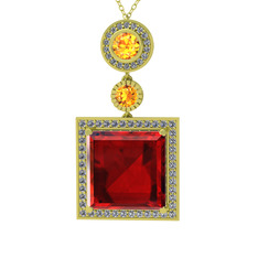 Garnet, sitrin ve beyaz zirkon 925 ayar altın kaplama gümüş kolye (40 cm altın rolo zincir)