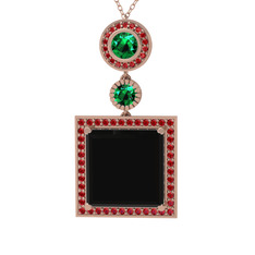 Siyah zirkon, yeşil kuvars ve garnet 18 ayar rose altın kolye (40 cm rose altın rolo zincir)