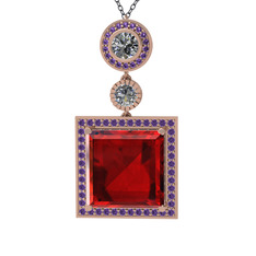 Garnet, beyaz zirkon ve ametist 18 ayar rose altın kolye (40 cm gümüş rolo zincir)