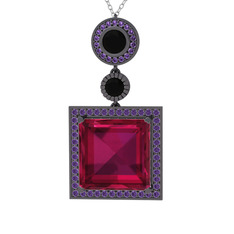 Rodolit garnet, siyah zirkon ve ametist 925 ayar siyah rodyum kaplama gümüş kolye (40 cm gümüş rolo zincir)