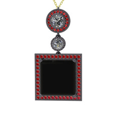 Toprak Kolye - Siyah zirkon, beyaz zirkon ve garnet 925 ayar siyah rodyum kaplama gümüş kolye (40 cm altın rolo zincir) #1l20odq
