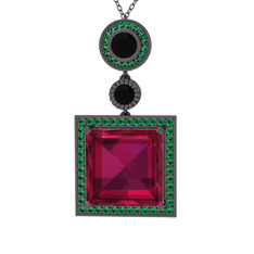 Toprak Kolye - Rodolit garnet, siyah zirkon ve yeşil kuvars 925 ayar siyah rodyum kaplama gümüş kolye (40 cm gümüş rolo zincir) #1ldgzls