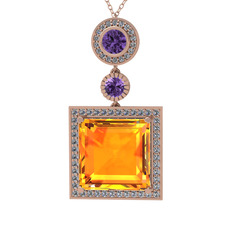 Toprak Kolye - Sitrin, ametist ve beyaz zirkon 8 ayar rose altın kolye (40 cm rose altın rolo zincir) #1lj4i0r