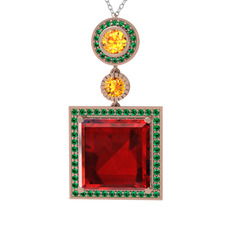 Garnet, sitrin ve yeşil kuvars 14 ayar rose altın kolye (40 cm gümüş rolo zincir)