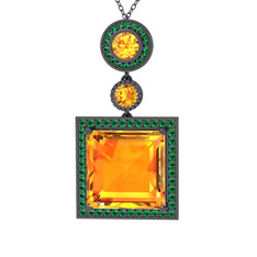 Toprak Kolye - Sitrin ve yeşil kuvars 925 ayar siyah rodyum kaplama gümüş kolye (40 cm gümüş rolo zincir) #1ls47ds