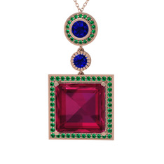 Rodolit garnet, lab safir ve yeşil kuvars 8 ayar rose altın kolye (40 cm rose altın rolo zincir)