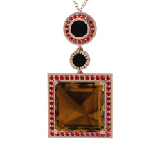 Dumanlı kuvars, siyah zirkon ve garnet 14 ayar rose altın kolye (40 cm rose altın rolo zincir)