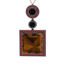 Dumanlı kuvars, siyah zirkon ve garnet 925 ayar siyah rodyum kaplama gümüş kolye (40 cm gümüş rolo zincir)