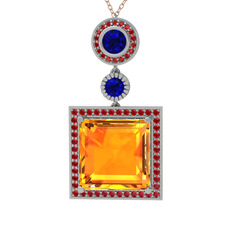 Sitrin, lab safir ve garnet 8 ayar beyaz altın kolye (40 cm gümüş rolo zincir)