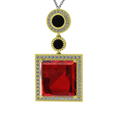 Toprak Kolye - Garnet, siyah zirkon ve beyaz zirkon 14 ayar altın kolye (40 cm gümüş rolo zincir) #1n2b15h
