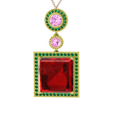 Garnet, pembe kuvars ve yeşil kuvars 14 ayar altın kolye (40 cm rose altın rolo zincir)