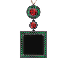 Siyah zirkon, garnet ve yeşil kuvars 925 ayar siyah rodyum kaplama gümüş kolye (40 cm rose altın rolo zincir)