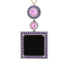 Siyah zirkon, pembe kuvars ve ametist 925 ayar gümüş kolye (40 cm gümüş rolo zincir)