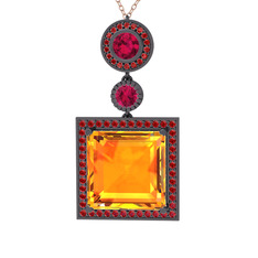 Toprak Kolye - Sitrin, rodolit garnet ve garnet 925 ayar siyah rodyum kaplama gümüş kolye (40 cm rose altın rolo zincir) #1ngd65t