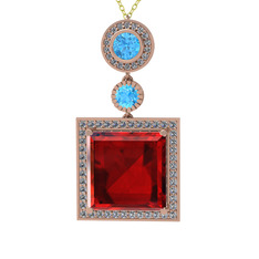 Garnet, akuamarin ve beyaz zirkon 925 ayar rose altın kaplama gümüş kolye (40 cm gümüş rolo zincir)