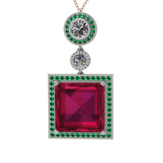 Rodolit garnet, beyaz zirkon ve yeşil kuvars 8 ayar beyaz altın kolye (40 cm rose altın rolo zincir)